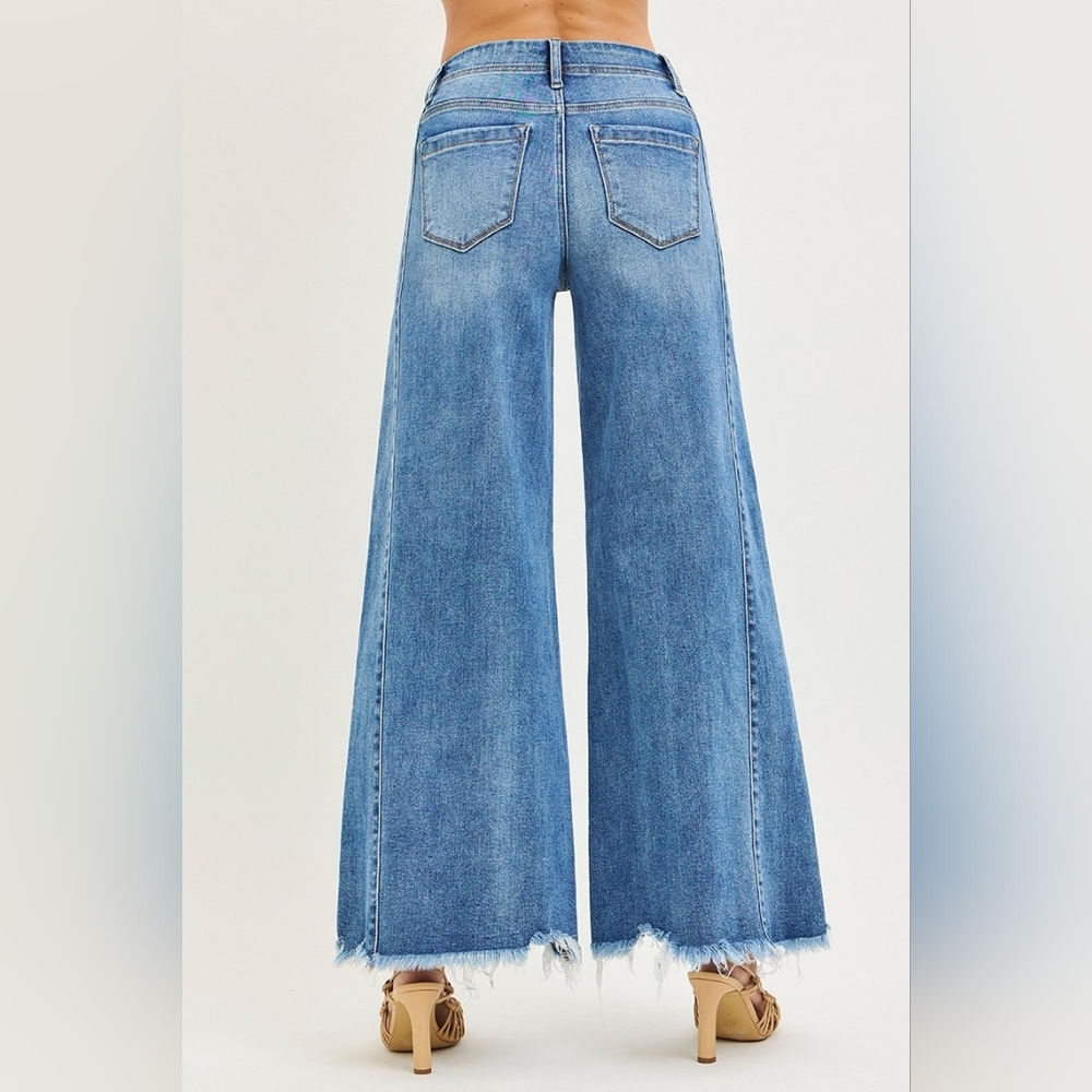 Risen High Rise Slim Fit Ultra Wide Leg Jeans Retro Frayed Raw Hem Denim Pants - Picture 7 of 15